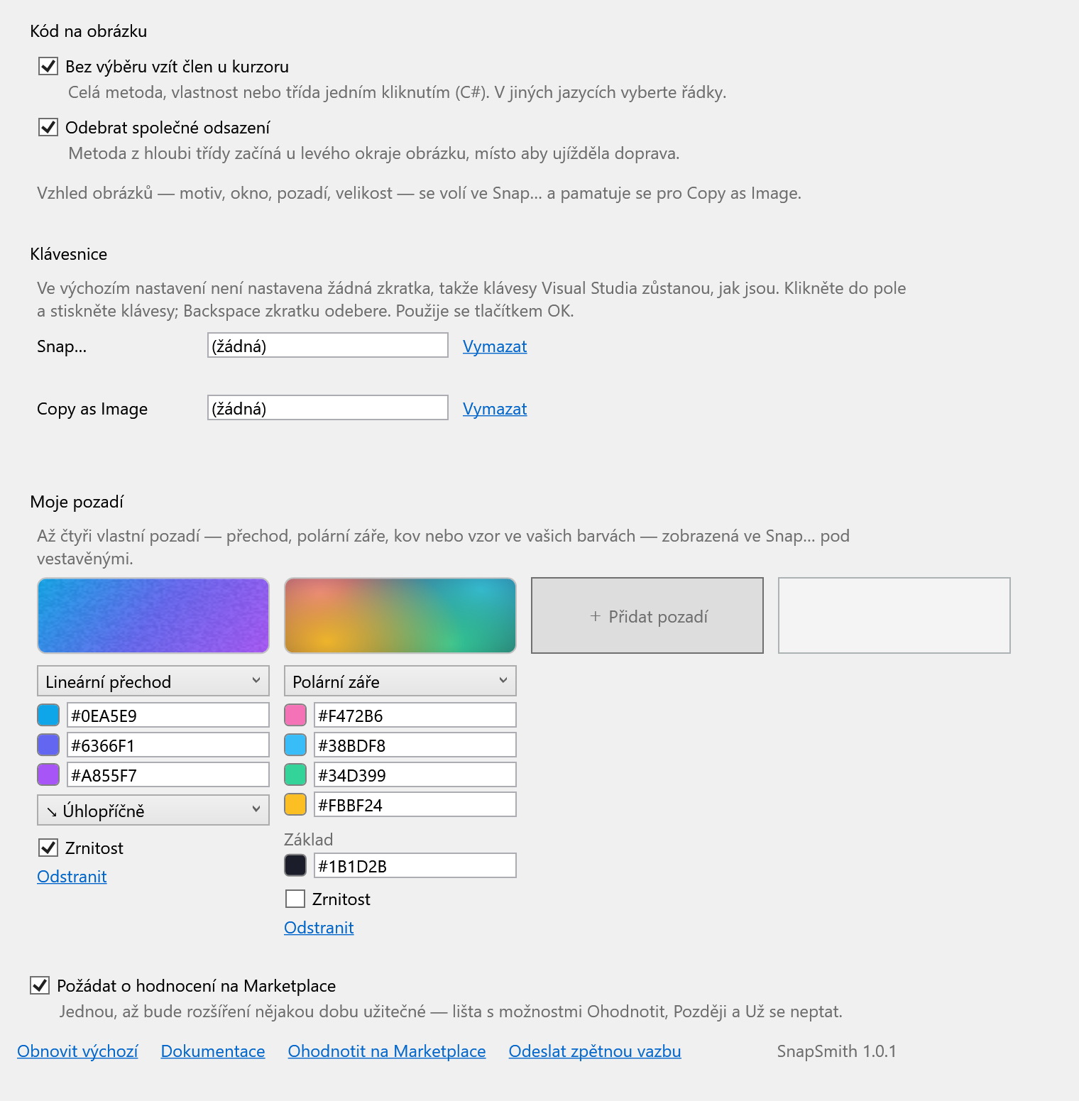 Stránka možností SnapSmith