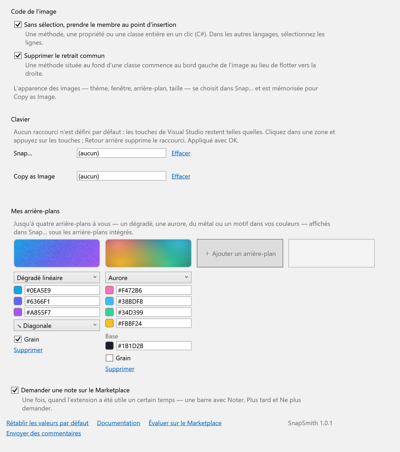 La page d’options de SnapSmith