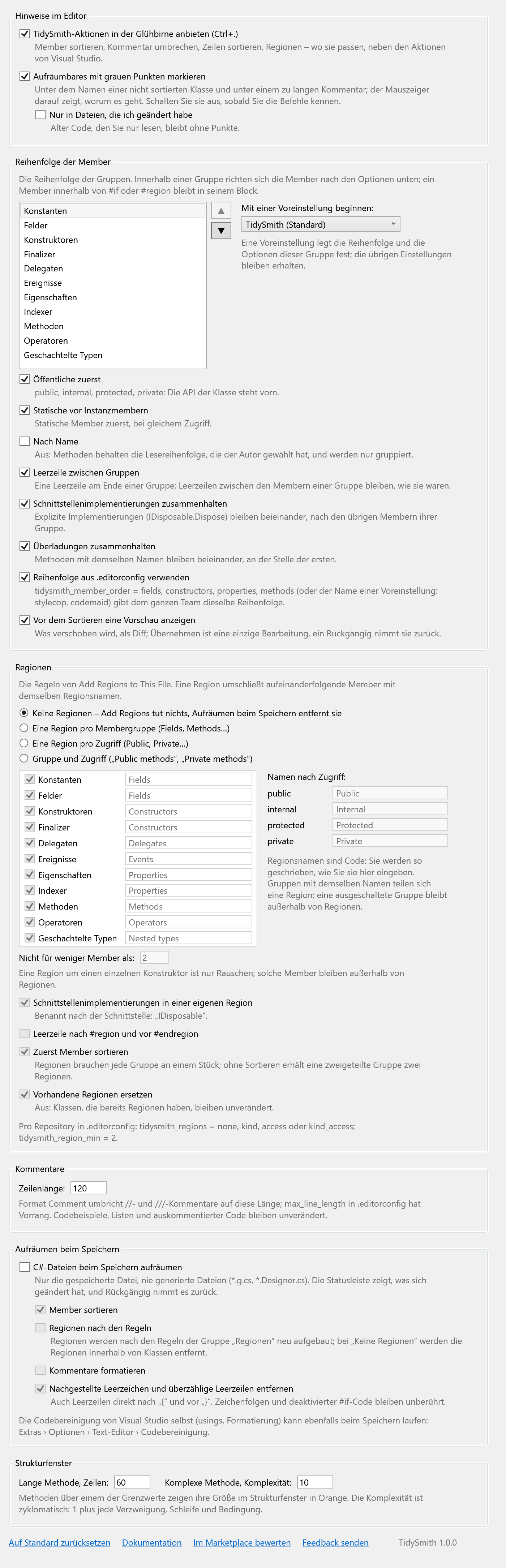 Optionsseite von TidySmith