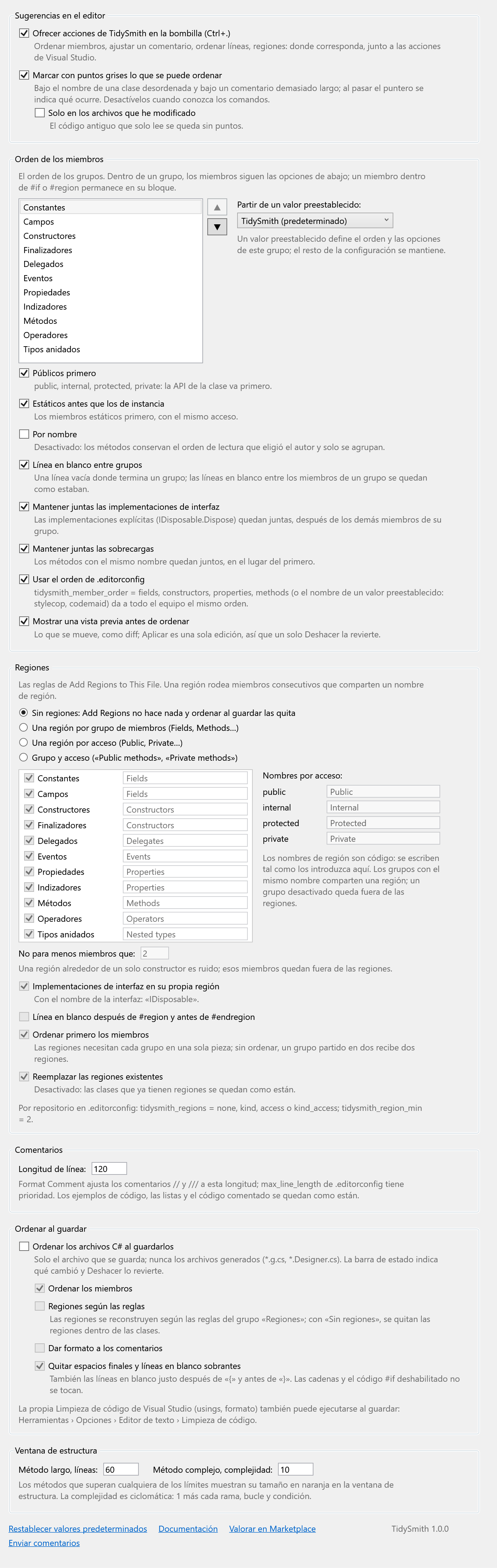 Página de opciones de TidySmith