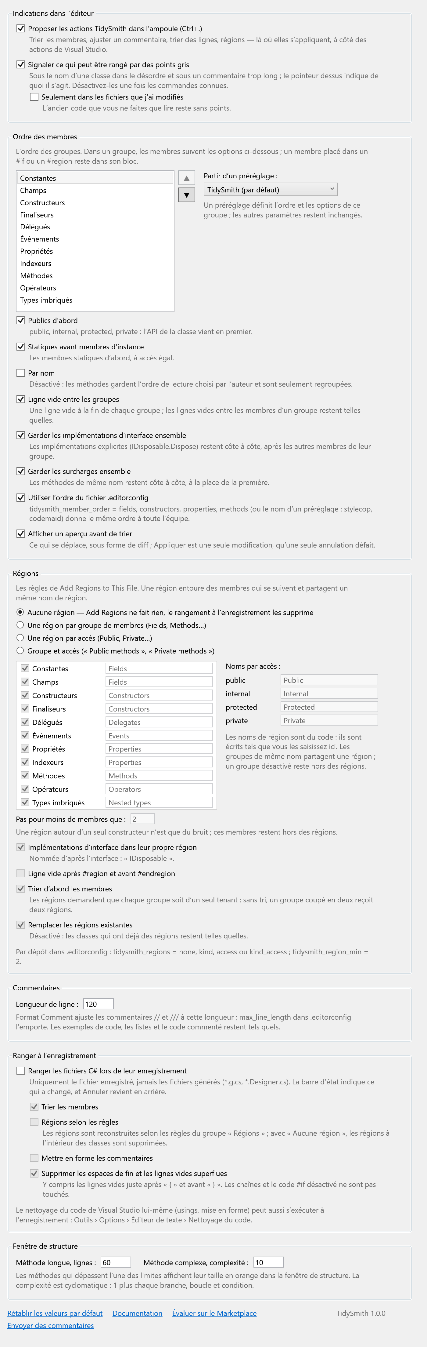 Page d’options de TidySmith