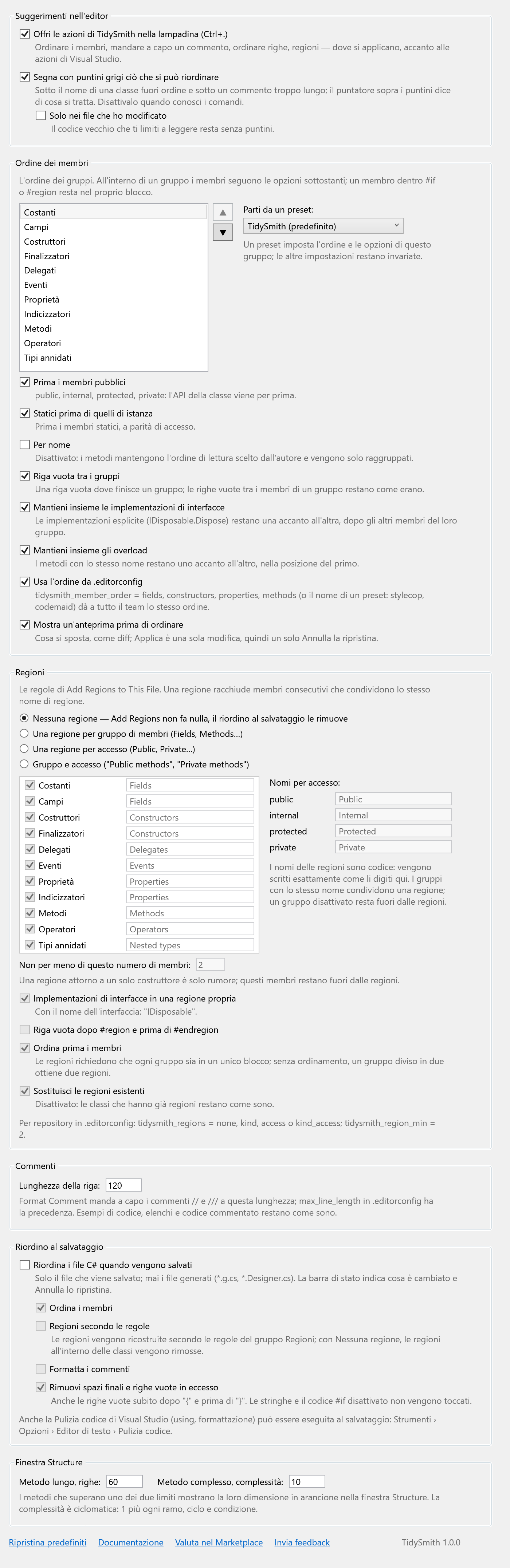 Pagina delle opzioni di TidySmith